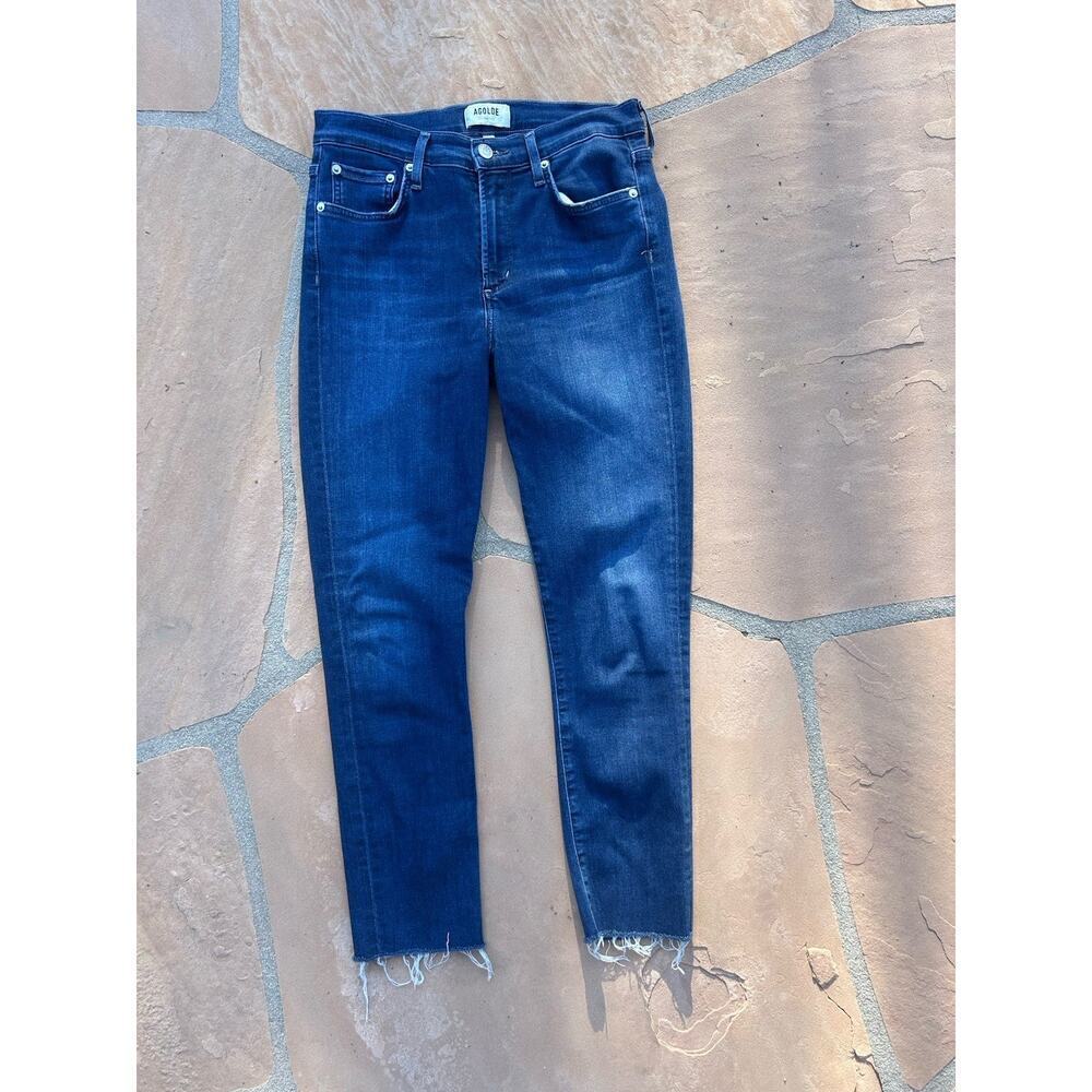 AGOLDE Sophie Crop Mid Rise Jean With Chewed Hem Womens 27 Blue Stretch Denim